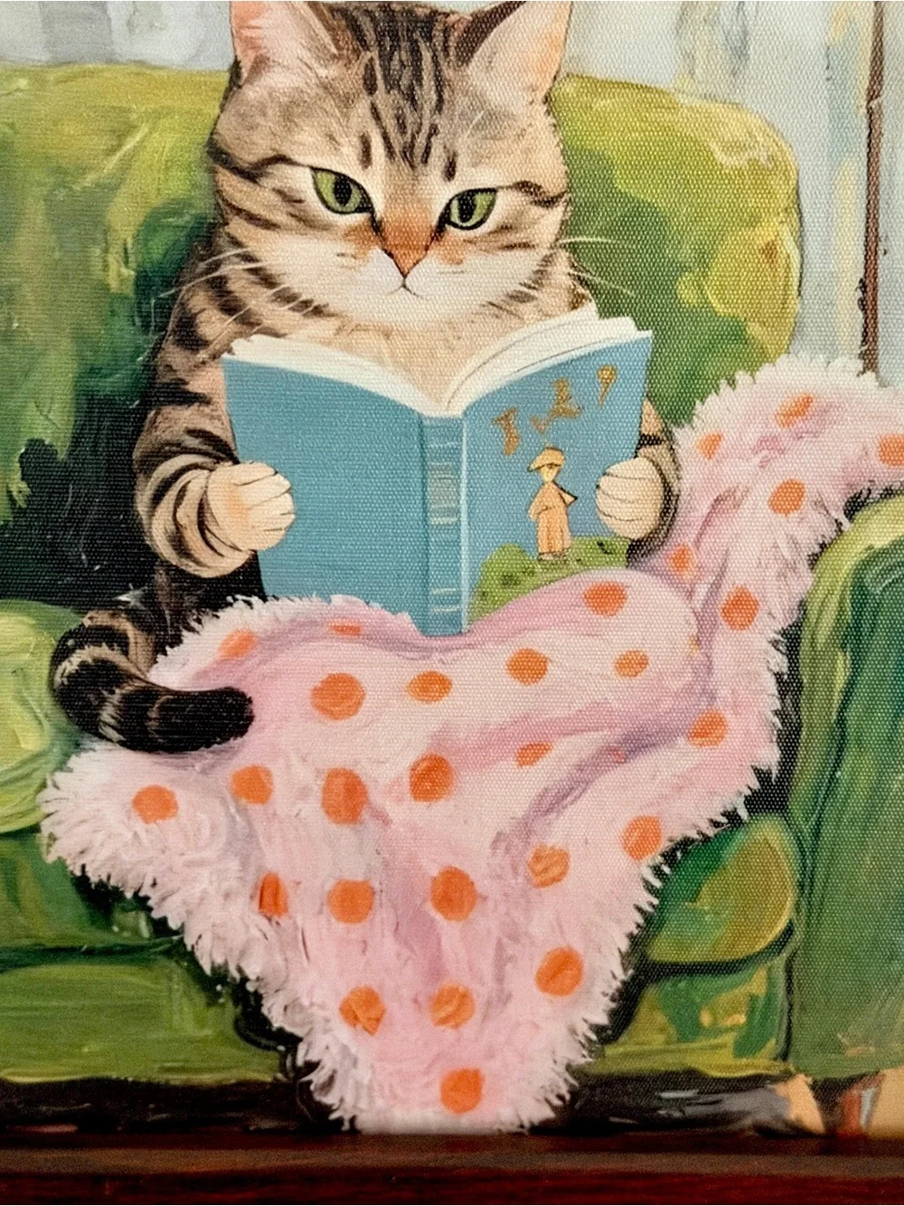 Cozy Cat Reading a Book on Green Couch Canvas Art Print Vintage Style Framed
